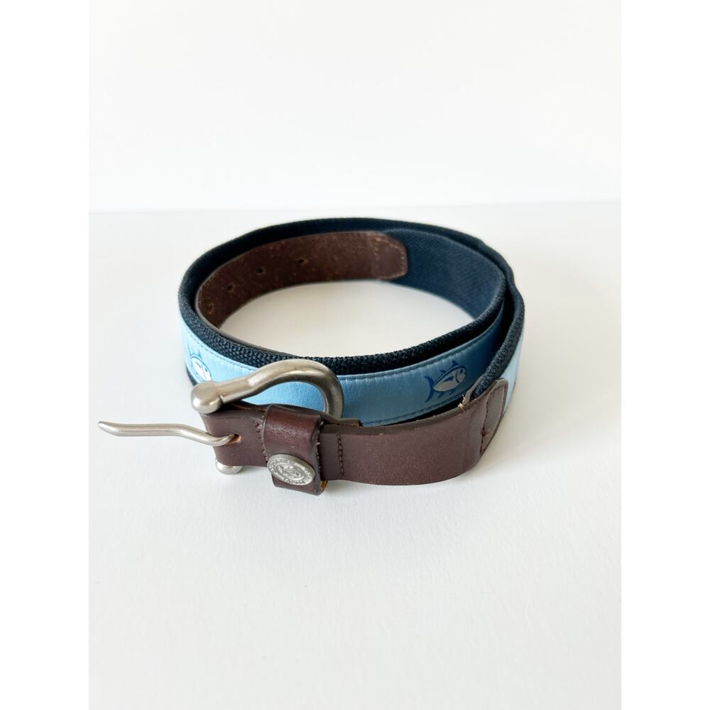 Southern Tide Fish Pattern Canvas and Leather Belt 34